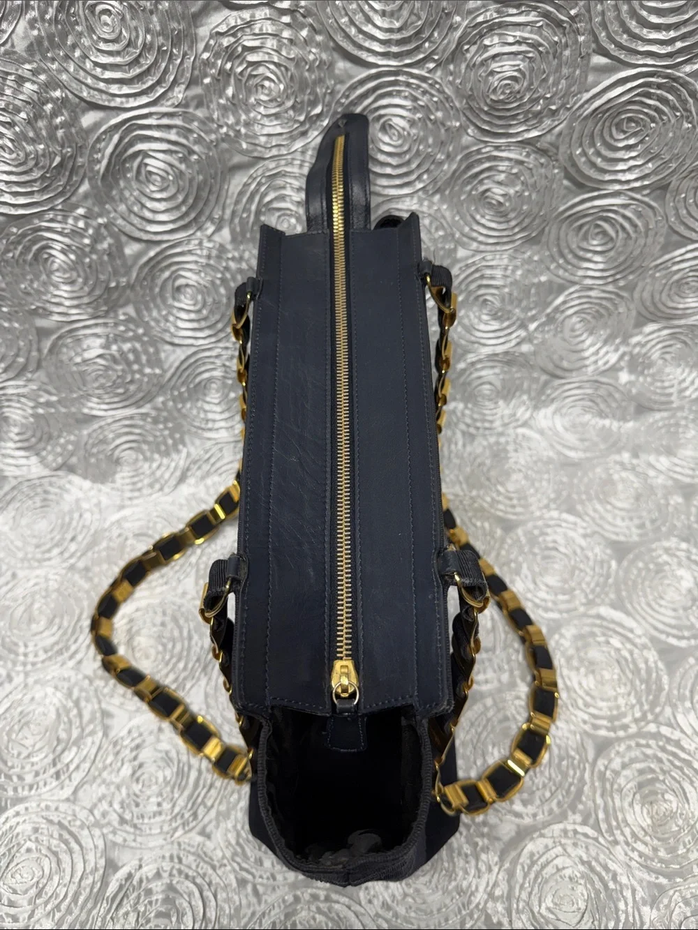 Salvatore Ferragamo Tiered Canvas & Leather Bag with Gold-tone Gancini Chain S
